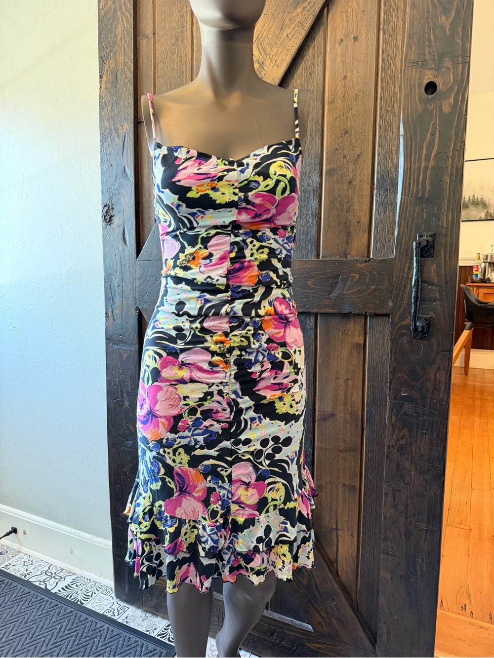Vintage Caché Y2K 95% Silk Stretch Floral Ruched Midi Ruffle Hem Dress Size 4